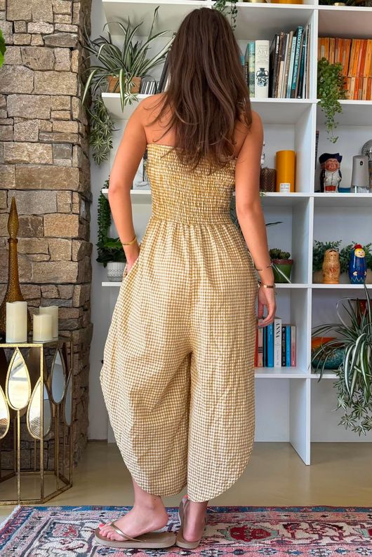 Arbi Gingham Shirring Bandeau Jumpsuit Mustard